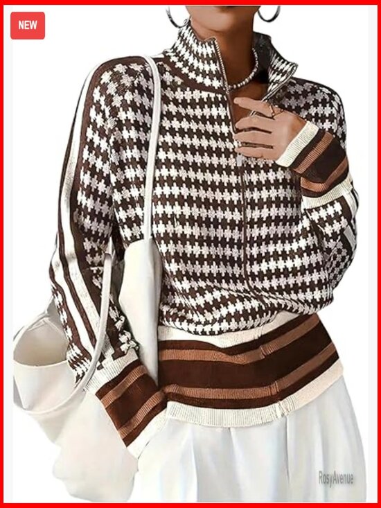Sweaters - Long Sleeve Zip Up Cardigan Sweater Houndstooth Knit Loose Fit